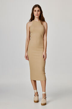 Springfield Ribbed midi dress with straps brown