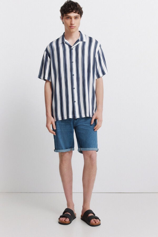 Springfield Striped viscose short sleeve shirt blue