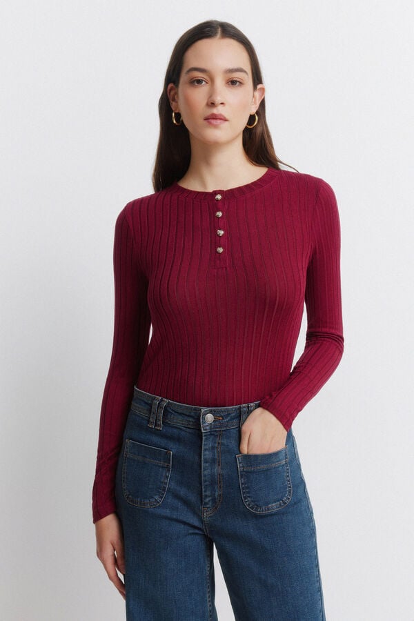 Springfield Camiseta canalé cuello botones marrón