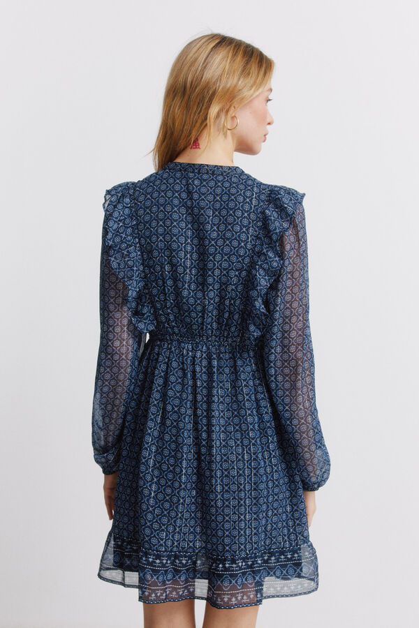 Springfield Short dress with long sleeves and ruffles blue