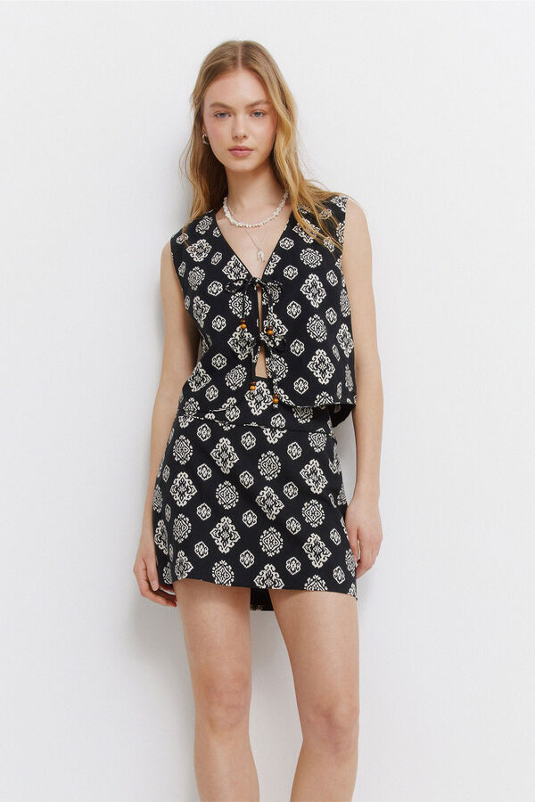 Springfield Falda corta lino estampado &eacute;tinico negro