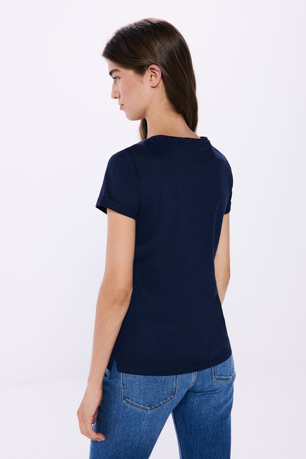 Springfield T-shirt graphique en coton à manche retroussées bleuté