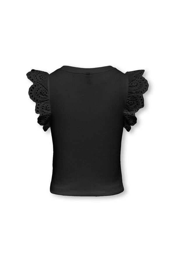 Only Girls T-shirt canelada com folhos bordados preto