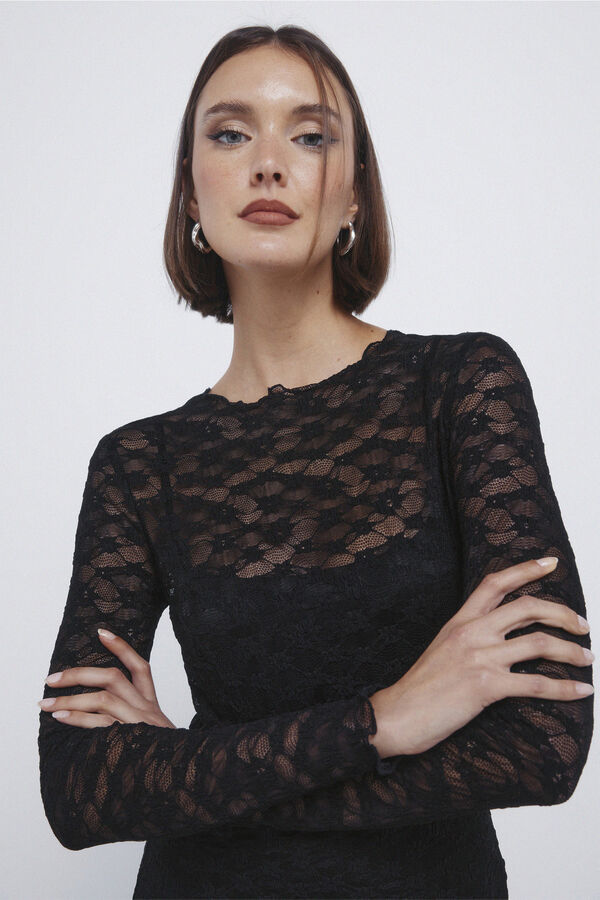 Springfield Asymmetrisches Midi-Kleid aus Spitze Schwarz