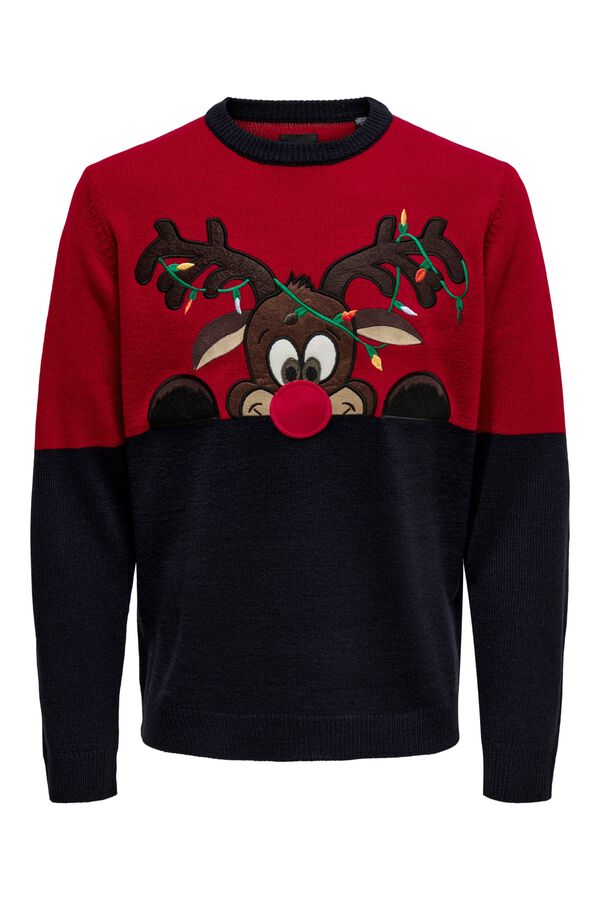Only & Sons Rundhals-Pullover mit Weihnachtspr&auml;gung Rot