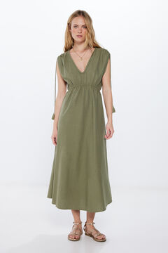Springfield Vestido Midi T&uacute;nica Algod&oacute;n Lino kaki