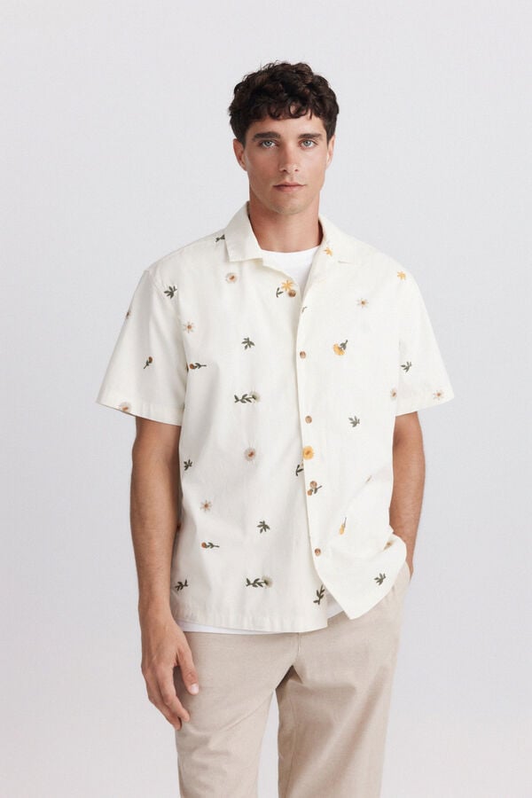 Springfield Embroidered floral short sleeve bowling shirt blue