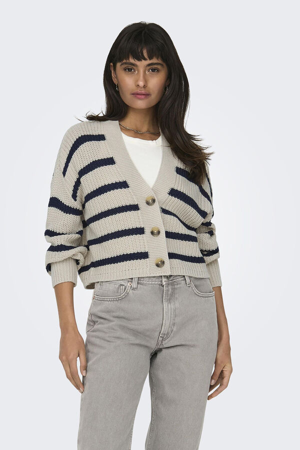 Only Cardig&atilde; riscas castanho