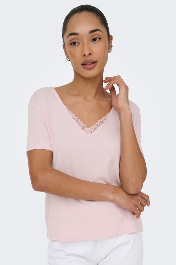 Only Kurzarm-Spitzen-T-Shirt Rosa