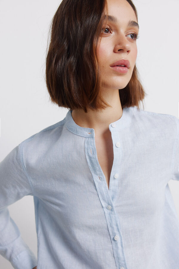 Springfield Linen long sleeve mandarin collar shirt blue