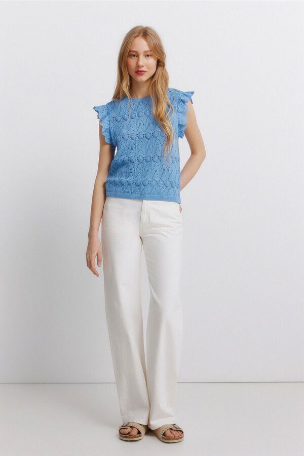 Springfield Pointelle ruffle top blue
