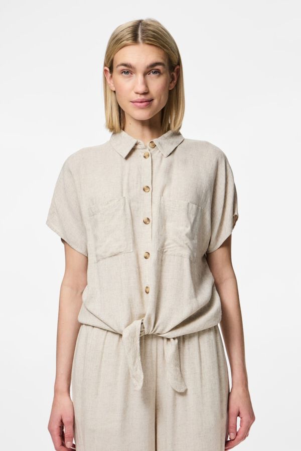Pieces Linen knot detail short sleeve shirt brown