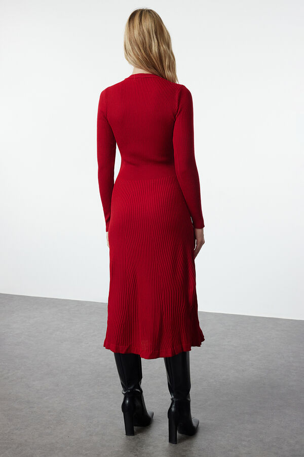 Trendyol Fitted knit long sleeve midi dress burgundy