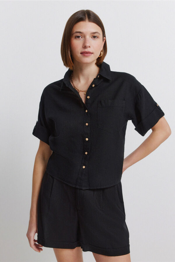 Springfield Camisa de linho de manga curta preto