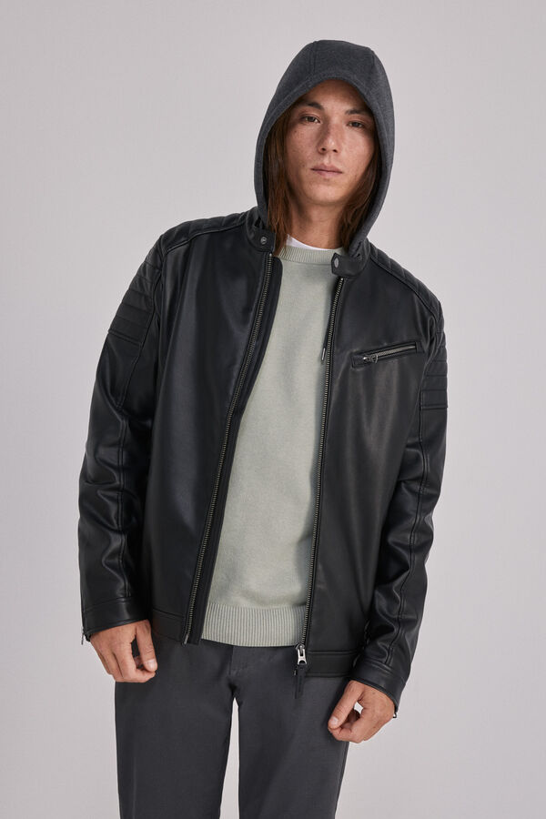 Springfield Faux leather biker jacket with hood crna