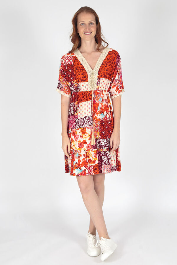 Springfield Printed dress with crochet detail tan