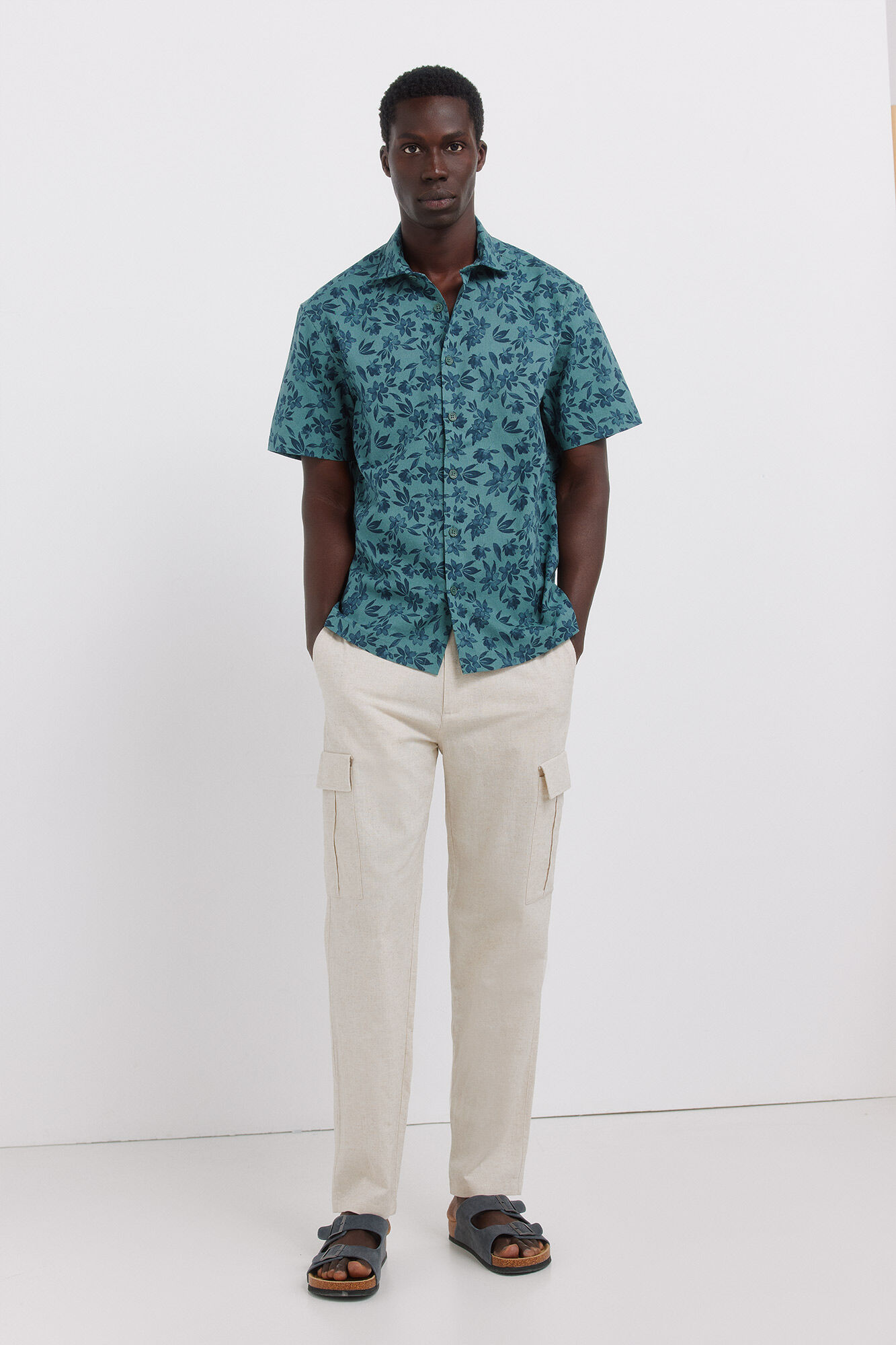 Springfield Bež lanene cargo pantalone comfort slim fit