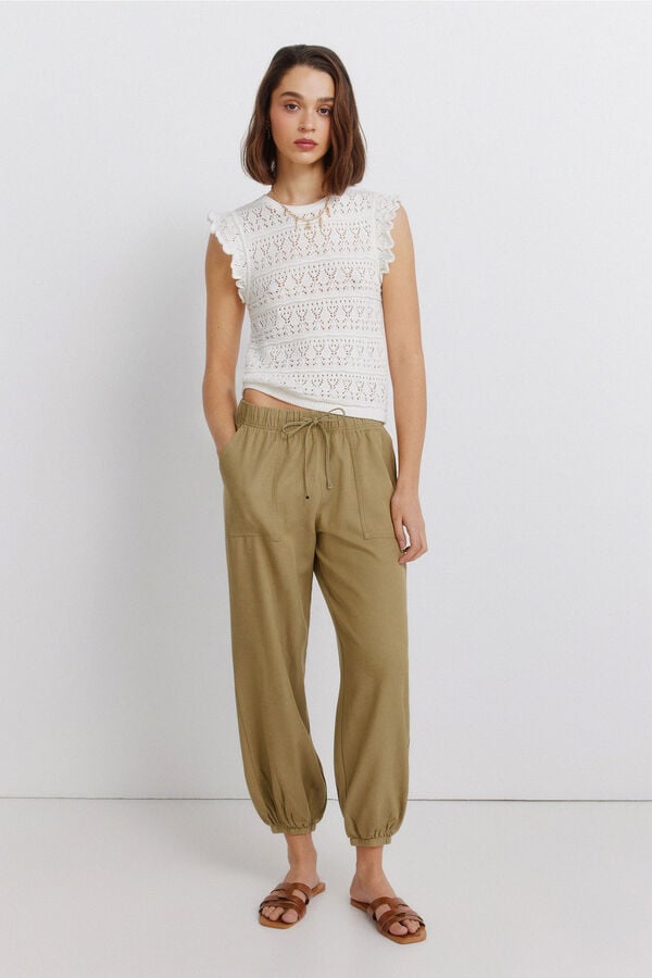 Springfield Pointelle ruffle top brown