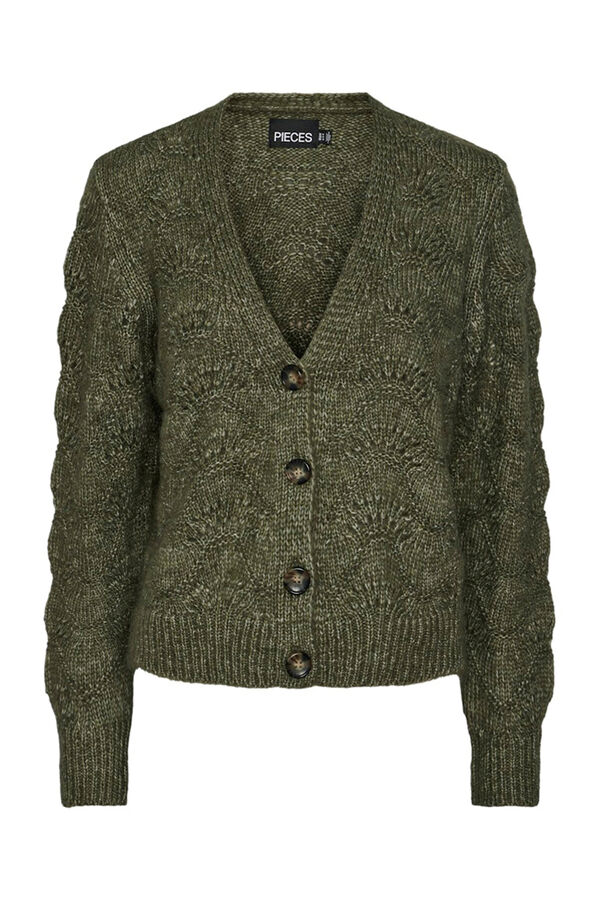 Pieces Openwork Buttoned Cardigan vert