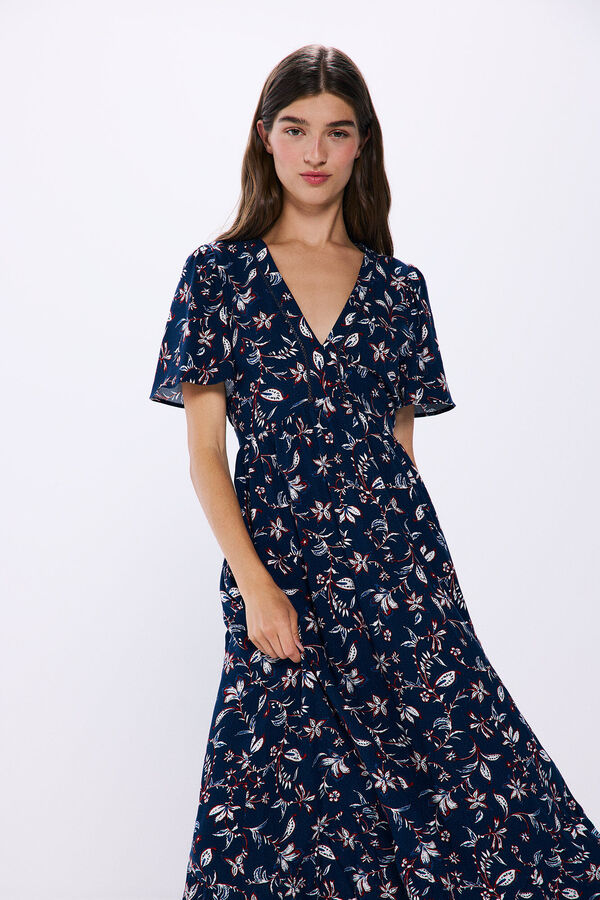 Springfield Printed peak hem midi dress blue