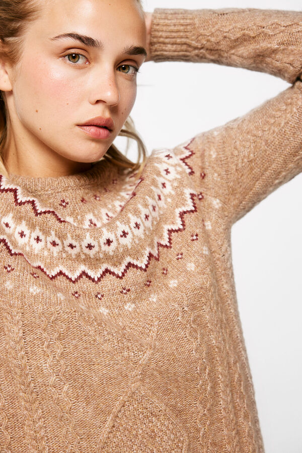 Springfield Strukturirani vuneni pulover sa jacquard uzorkom smeđa