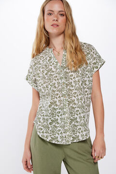 Springfield Linen/cotton mandarin collar short-sleeved blouse green