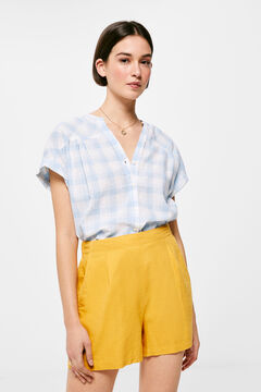Springfield Linen/cotton short-sleeved mandarin collar shirt ocher