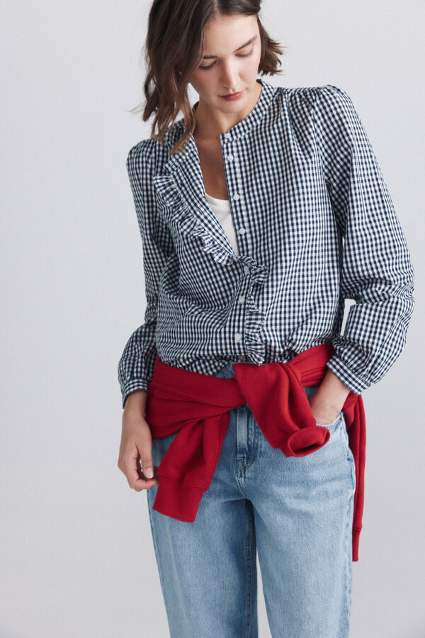 Springfield Plaid mandarin collar ruffle shirt blue
