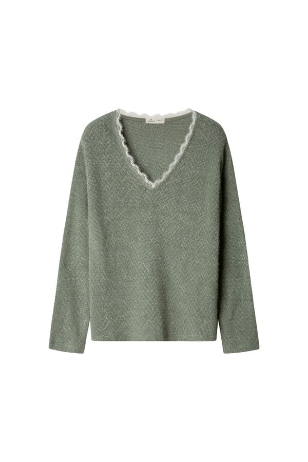 Springfield Pull fin col en V en dentelle vert