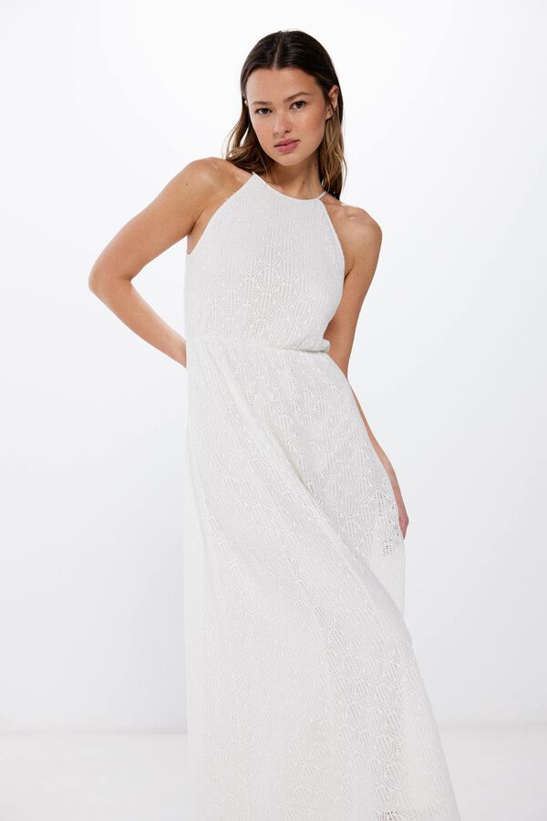 Springfield Kleid lang Neckholder-Ausschnitt Crochet. blanco