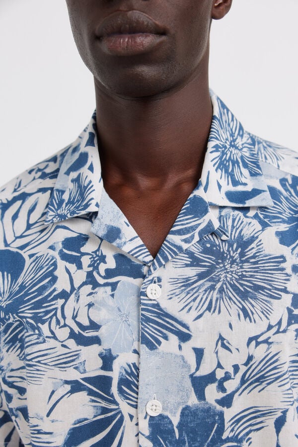 Springfield Printed linen short sleeve shirt blue