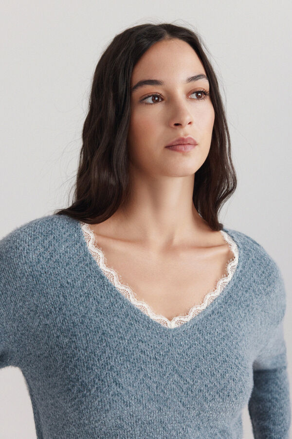 Springfield Lace V-neck fine knit jumper blue