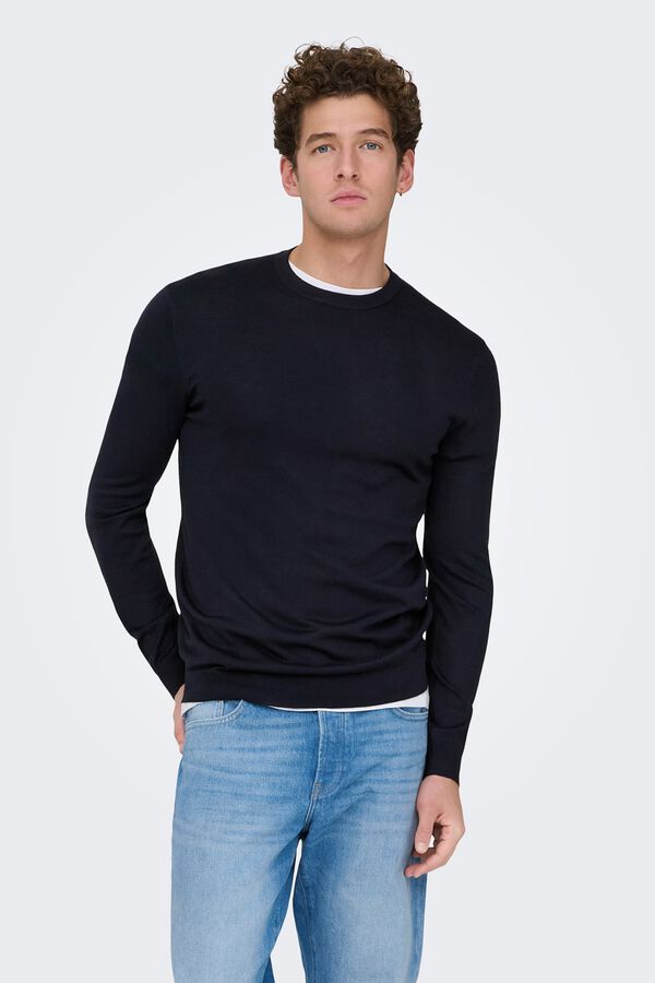 Only & Sons Su&eacute;ter masculino com gola redonda e regular fit.  azul