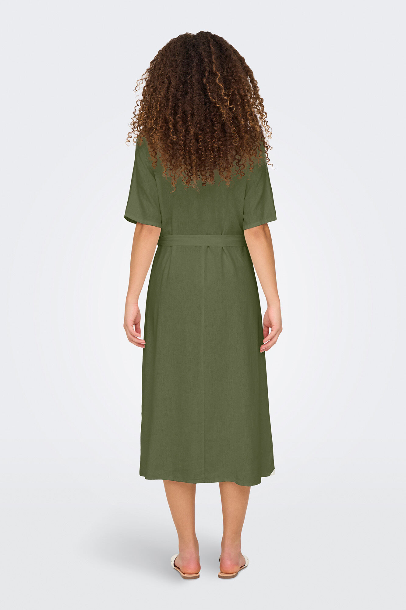 JDY Vestido midi camisero de lino con cintur&oacute;n