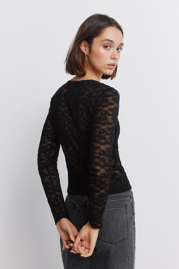 Springfield Majica sa čipkastiom cvetnom majicom Crna