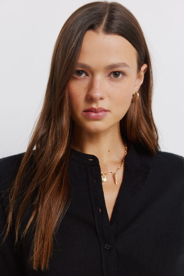 Springfield Linen long sleeve mandarin collar shirt black