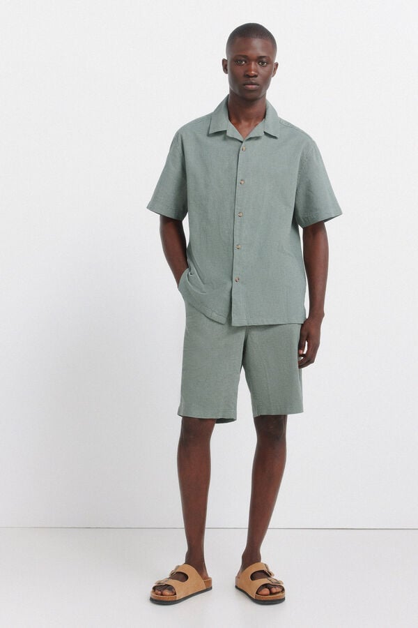 Springfield Linen bowling short sleeve shirt green