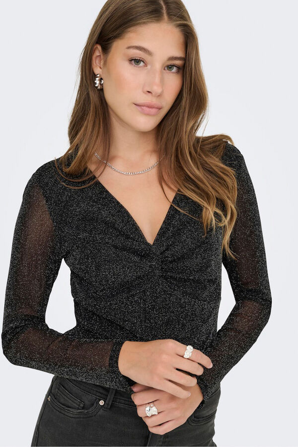 Only Top de manga comprida com glitter preto