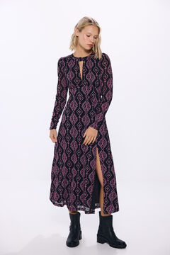 Springfield Printed notched neckline midi dress black