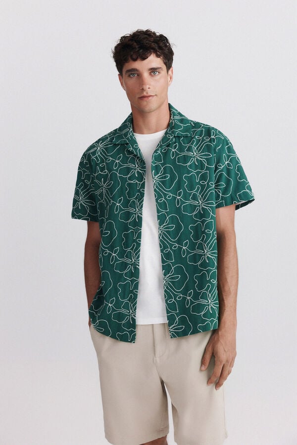 Springfield Embroidered short sleeve bowling shirt green