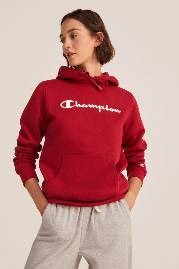 Springfield Women's classic cut hoodie. Small contrast logo and elasticated waistband. 260 GSM light fleece-back poly-cotton. red