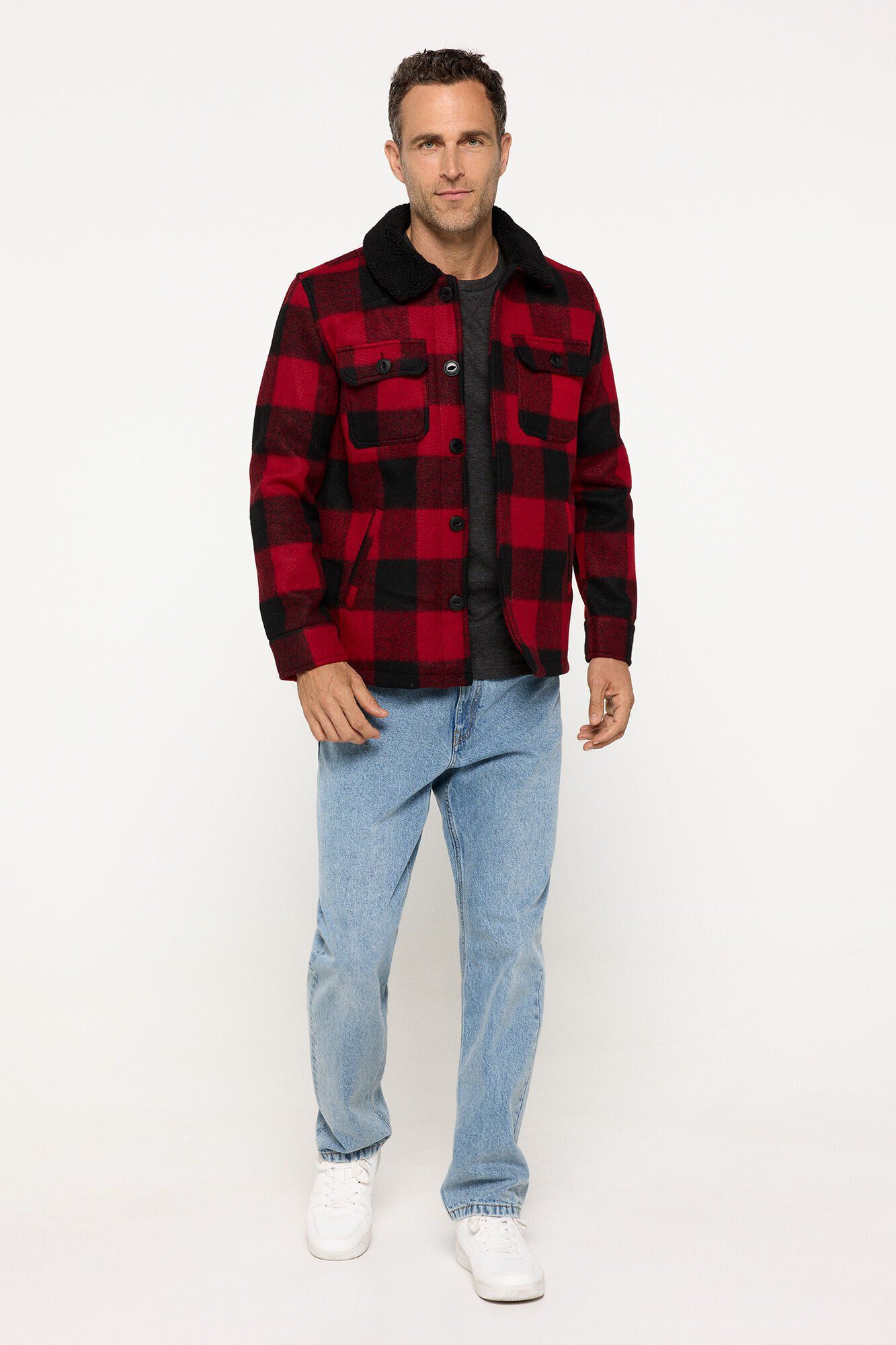Checkered jacket with faux shearling