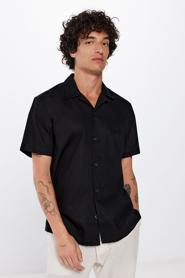 Springfield Linen shirt with short sleeves black
