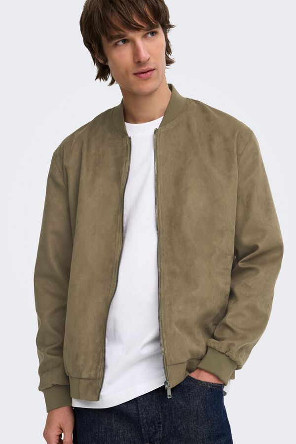 Only & Sons Faux suede bomber jacket nude