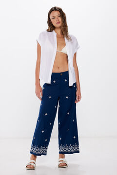 Springfield Pantalones bordados algodón lino navy