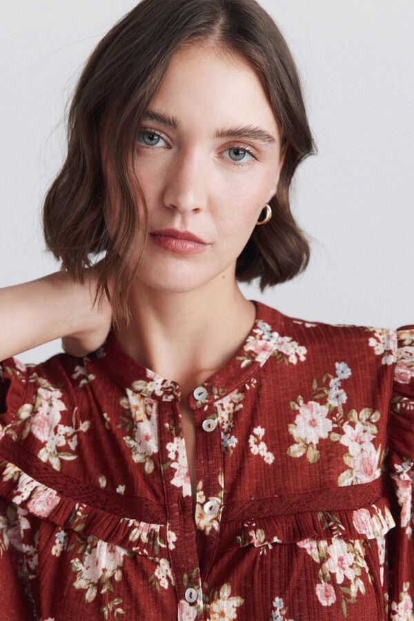 Springfield Printed ruffle lace blouse brown