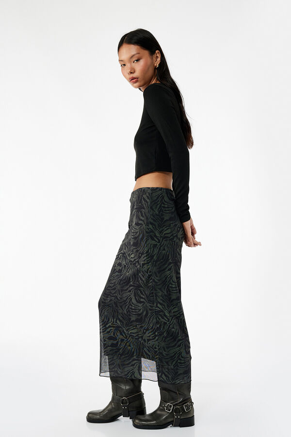 Koton Falda midi de tul con estampado animal y forro, cintura estándar verde