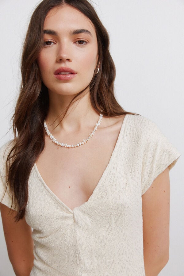 Springfield Embroidered knot neckline dress beige