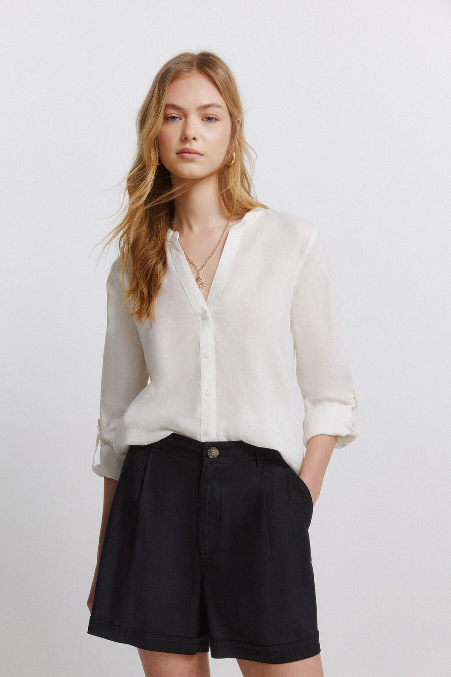 Camisa cuello mao efecto lino