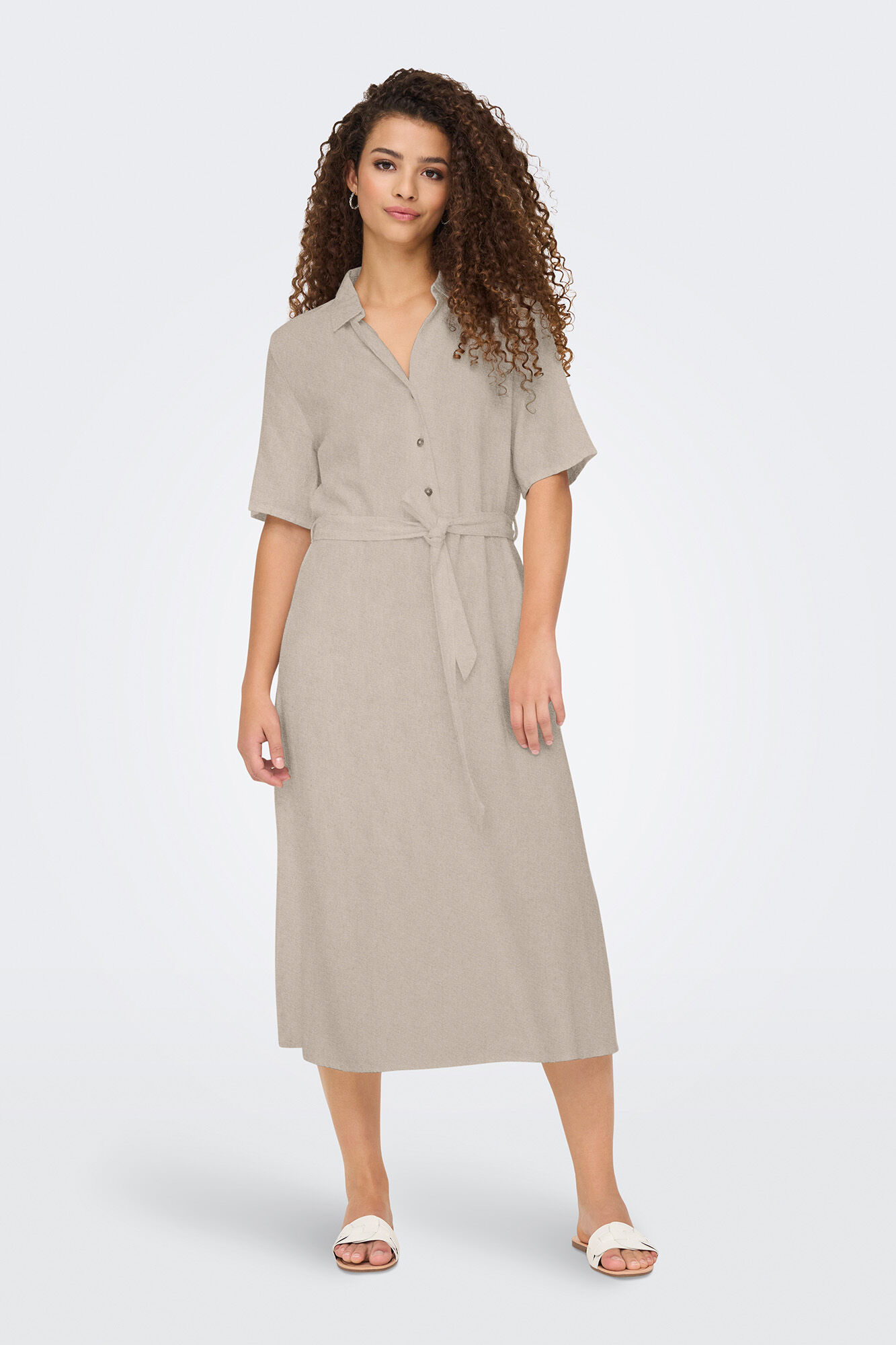 JDY Vestido midi camisero de lino con cintur&oacute;n
